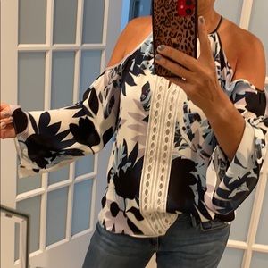 Parker White, Black & Navy Floral Cold-Shoulder Blouse